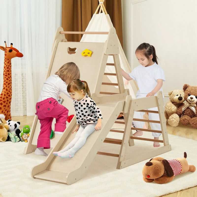 3-In 1 Jungle Gym Indoor Playground with Extended Slide for Toddlers-Natural by DirectDeals