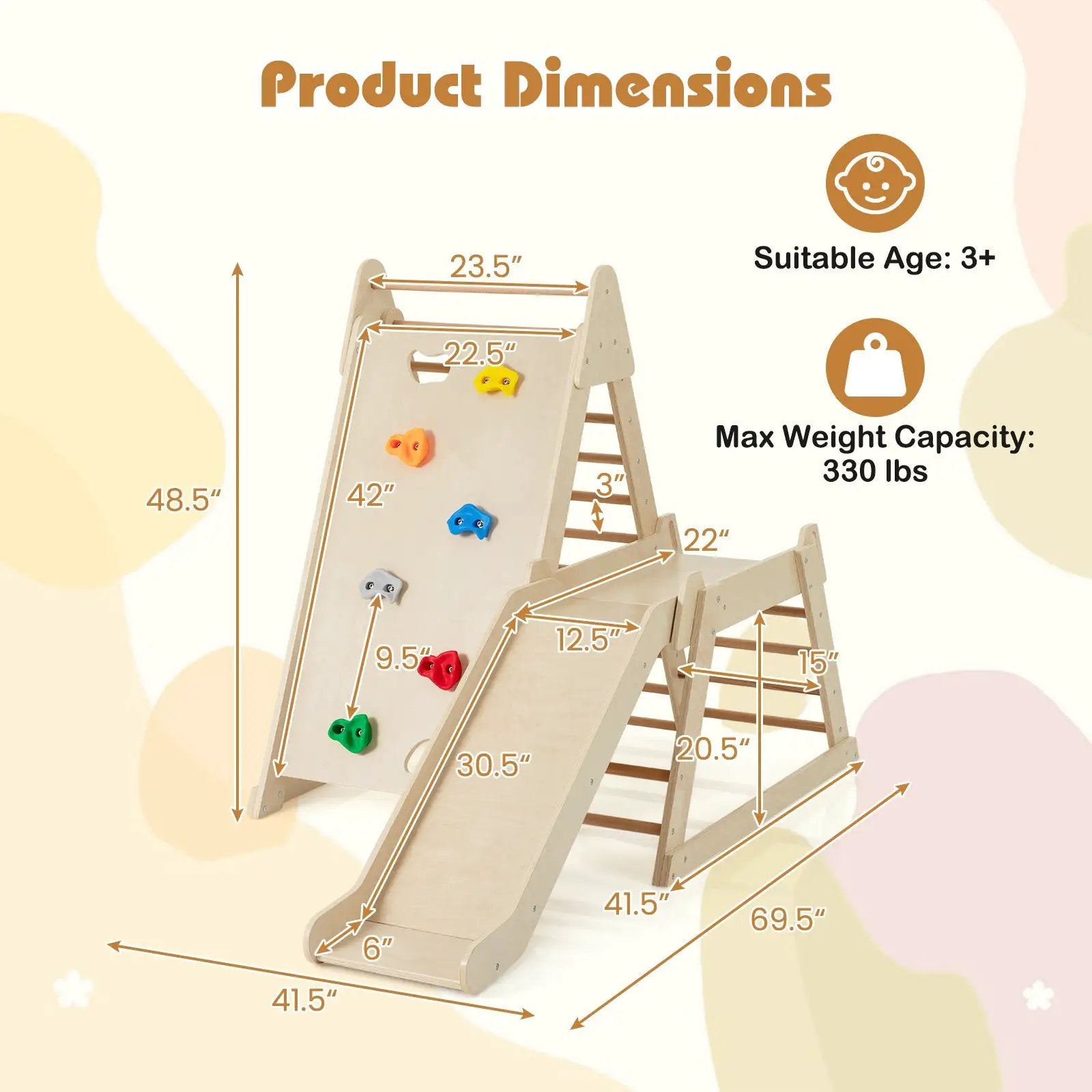 3-In 1 Jungle Gym Indoor Playground with Extended Slide for Toddlers-Natural by DirectDeals
