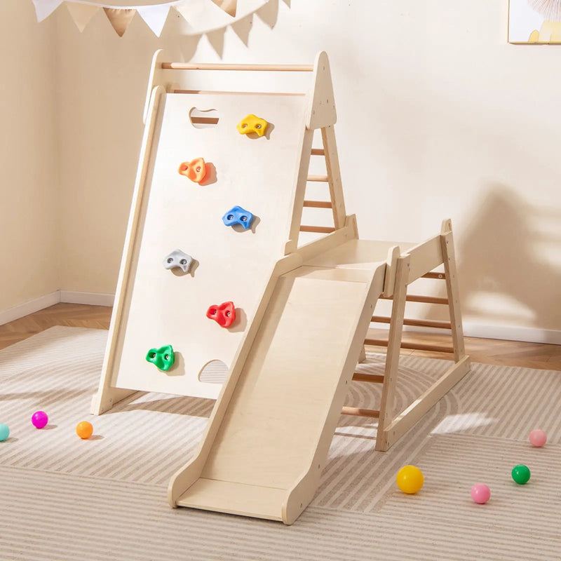 3-In 1 Jungle Gym Indoor Playground with Extended Slide for Toddlers-Natural by DirectDeals