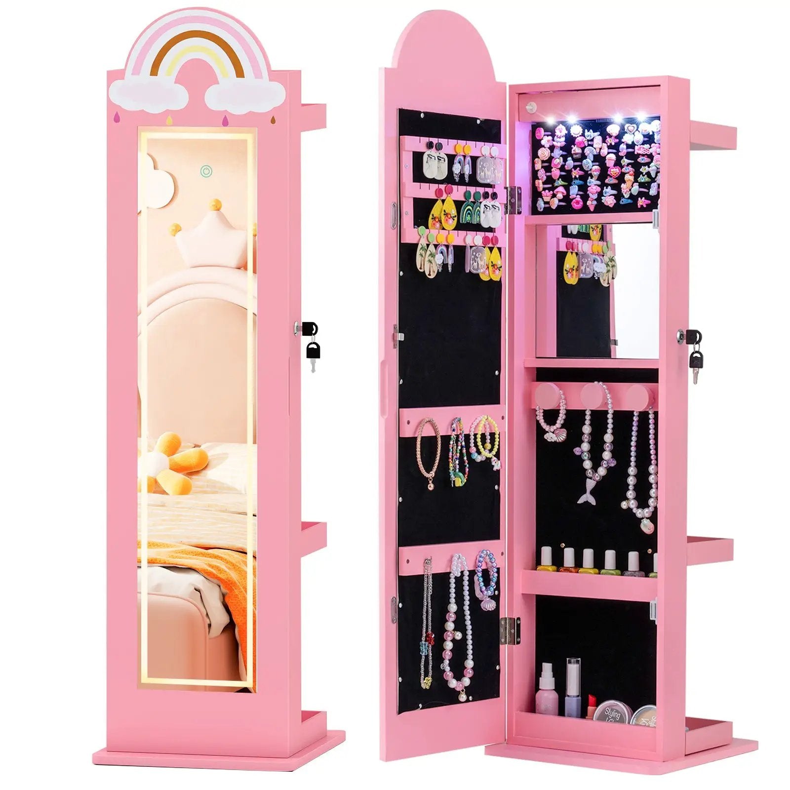 3 In 1 Kids Jewelry Cabinet Freestanding Jewelry Armoire with 3-Color Lighted Mirror by DirectDeals