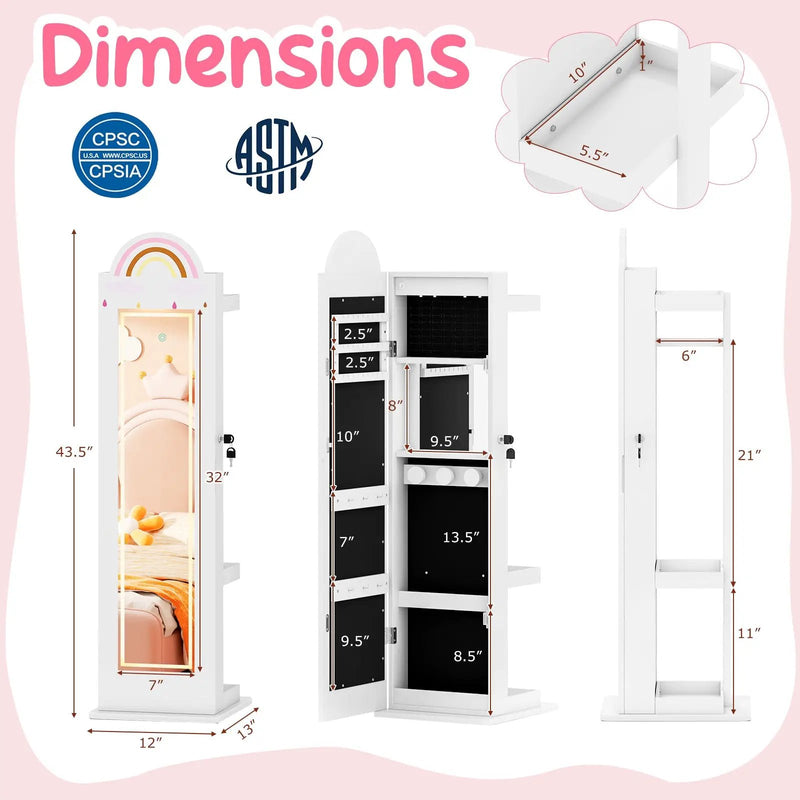 3 In 1 Kids Jewelry Cabinet Freestanding Jewelry Armoire with 3-Color Lighted Mirror by DirectDeals