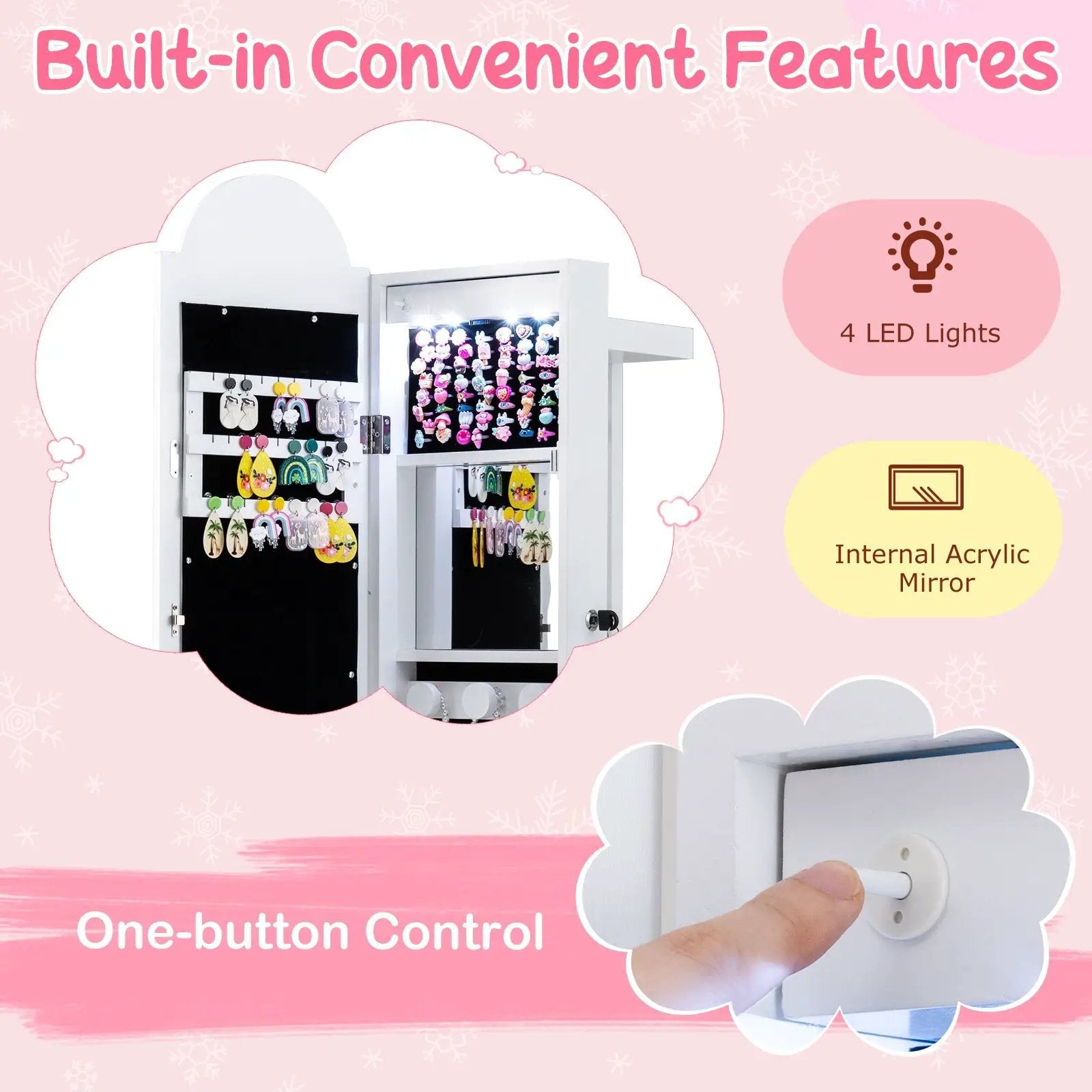 3 In 1 Kids Jewelry Cabinet Freestanding Jewelry Armoire with 3-Color Lighted Mirror by DirectDeals