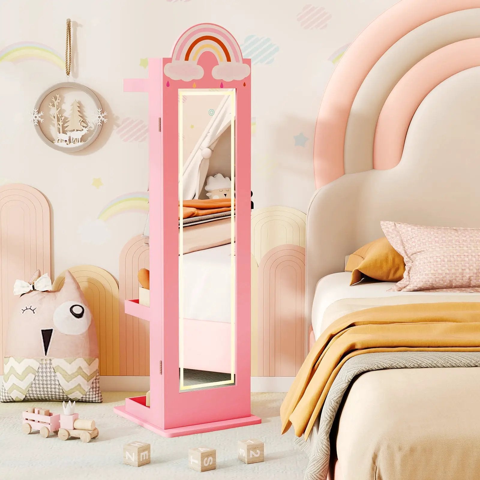 3 In 1 Kids Jewelry Cabinet Freestanding Jewelry Armoire with 3-Color Lighted Mirror by DirectDeals