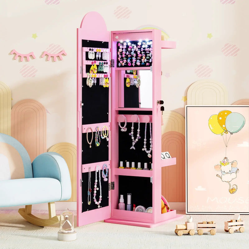 3 In 1 Kids Jewelry Cabinet Freestanding Jewelry Armoire with 3-Color Lighted Mirror by DirectDeals