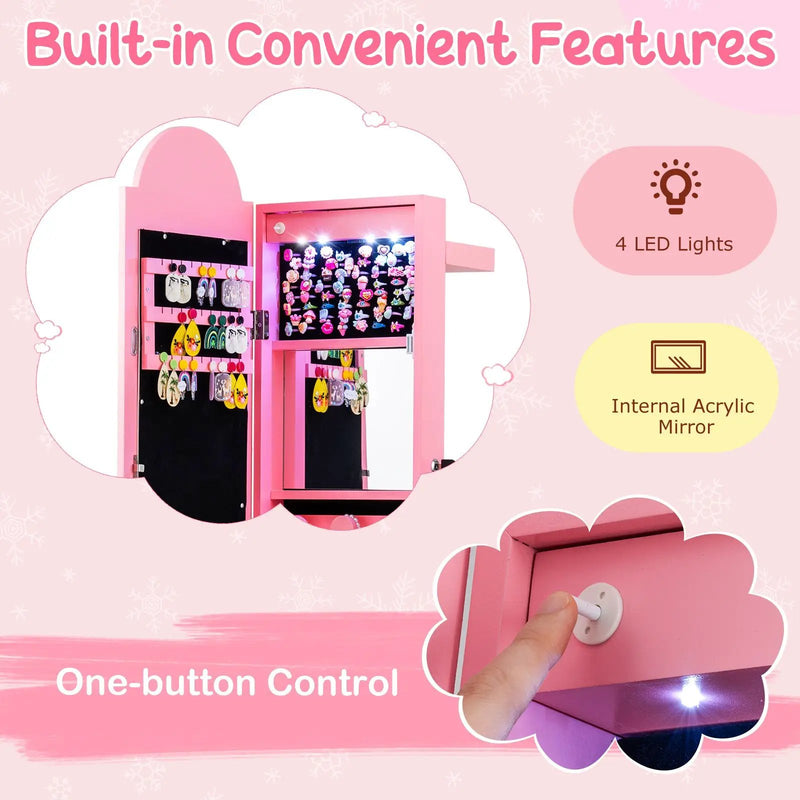 3 In 1 Kids Jewelry Cabinet Freestanding Jewelry Armoire with 3-Color Lighted Mirror by DirectDeals