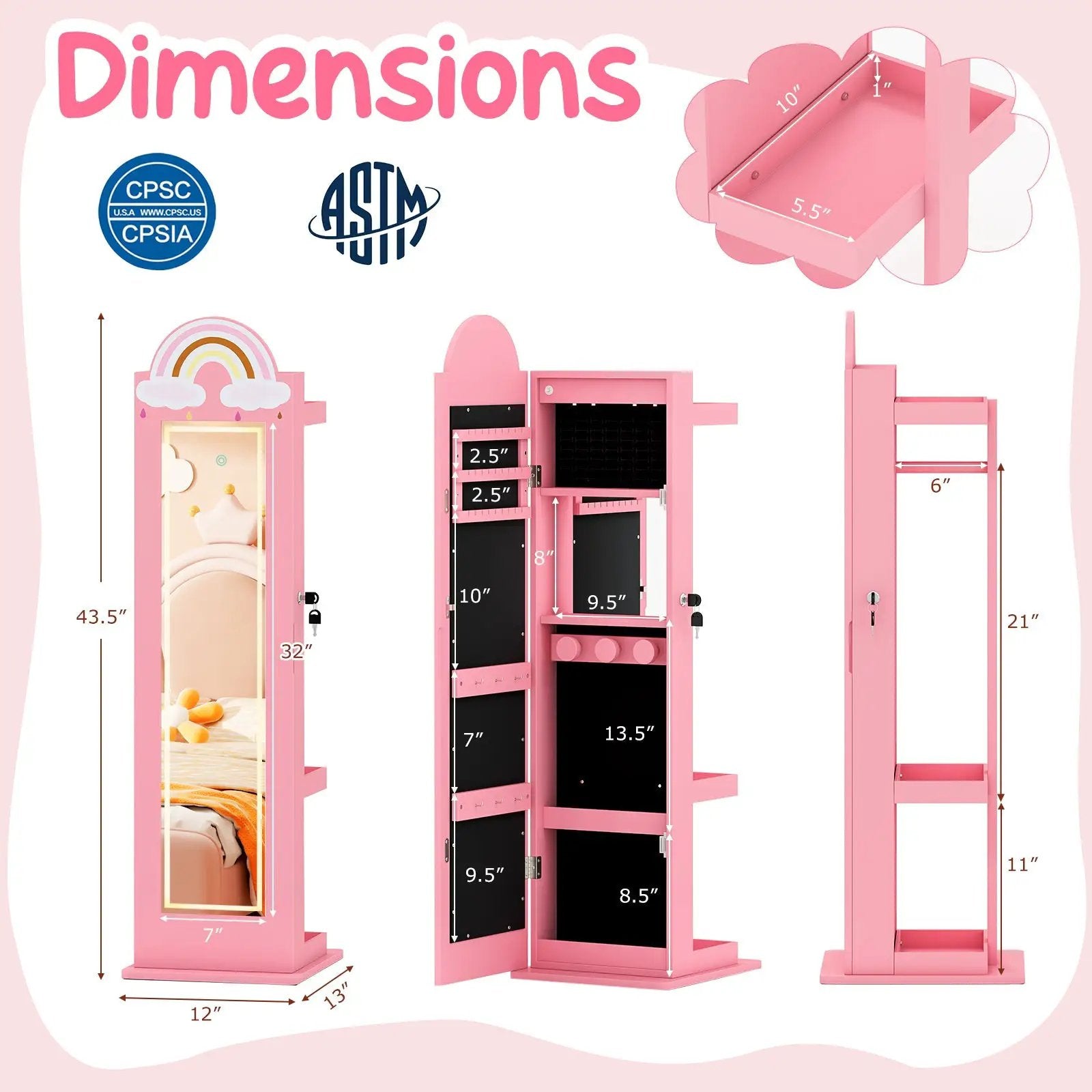 3 In 1 Kids Jewelry Cabinet Freestanding Jewelry Armoire with 3-Color Lighted Mirror by DirectDeals