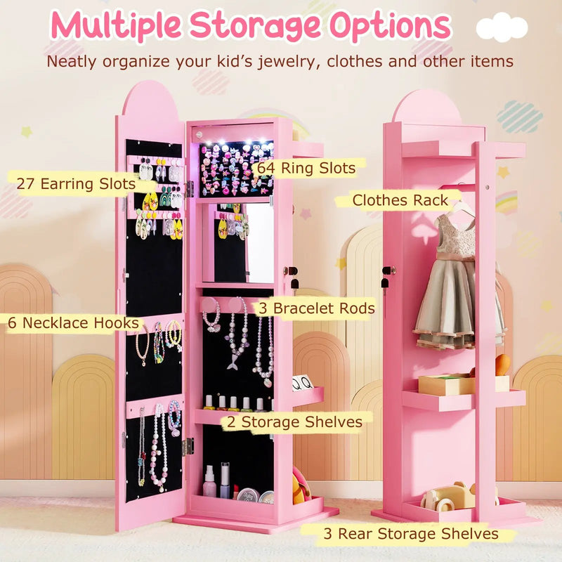 3 In 1 Kids Jewelry Cabinet Freestanding Jewelry Armoire with 3-Color Lighted Mirror by DirectDeals