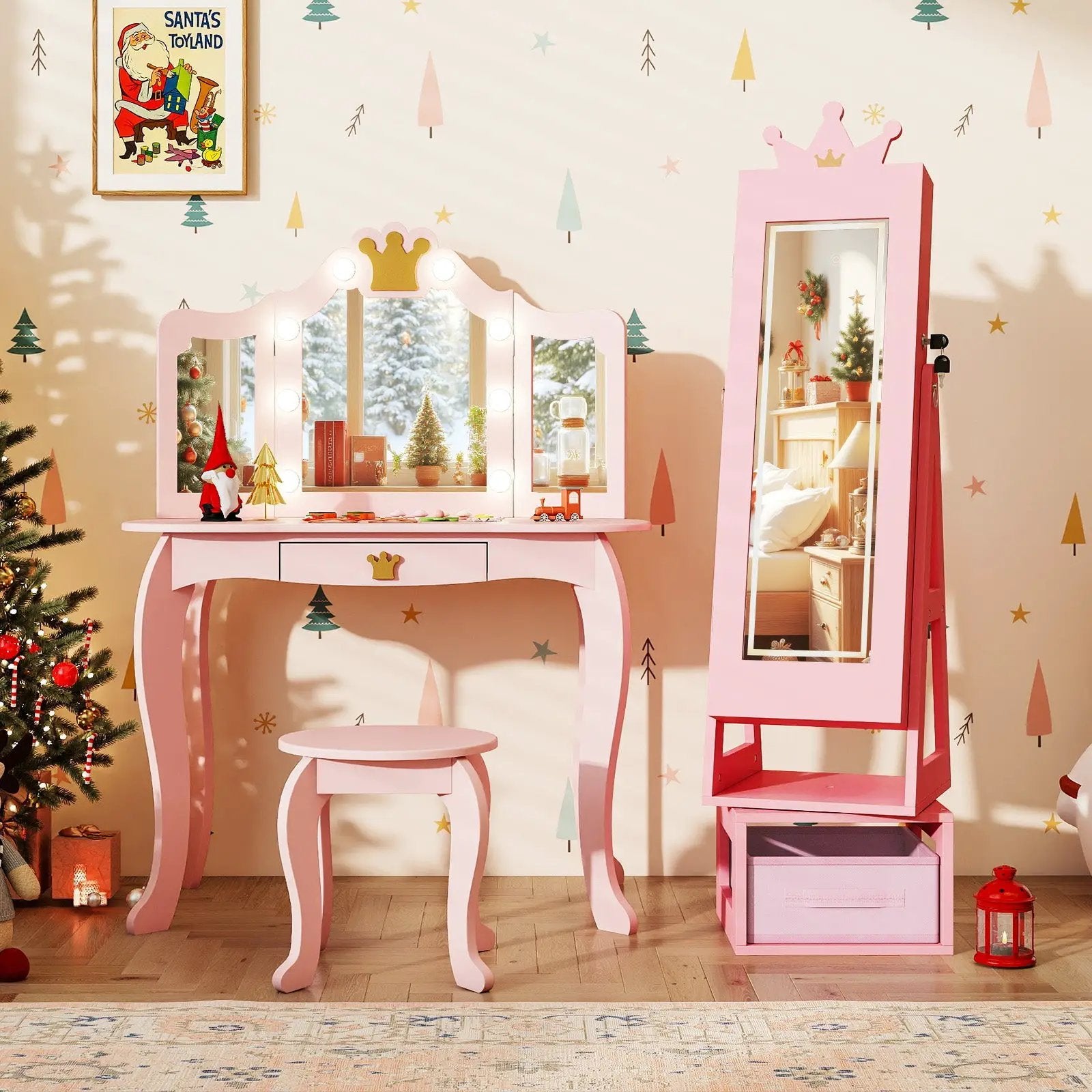 3 In 1 Kids Jewelry Cabinet with 3-Color Lighted Full Length Mirror by DirectDeals