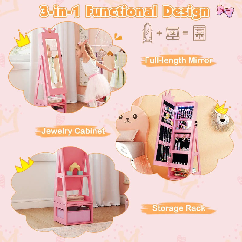 3 In 1 Kids Jewelry Cabinet with 3-Color Lighted Full Length Mirror by DirectDeals