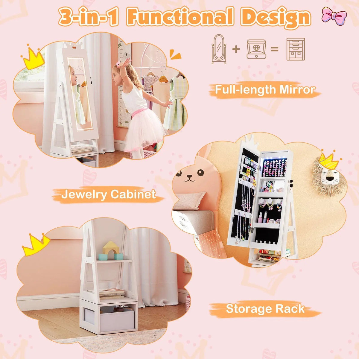 3 In 1 Kids Jewelry Cabinet with 3-Color Lighted Full Length Mirror, photo 16 of 16