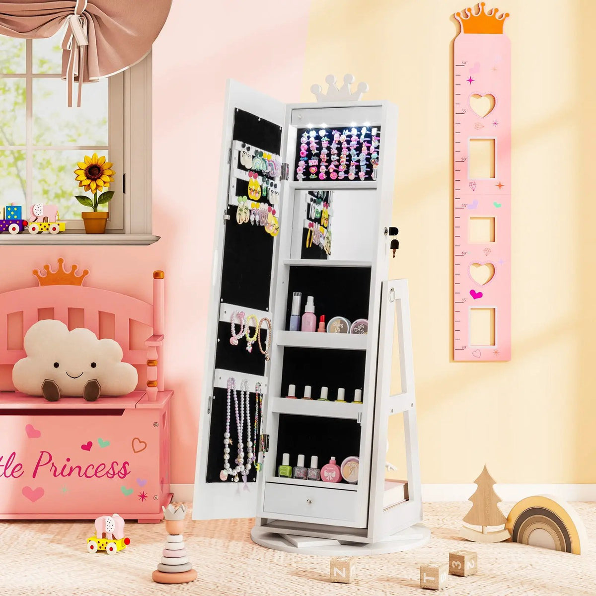 3 In 1 Kids Jewelry Cabinet with 3-Color Lighted Full Length Mirror and Internal Mirror, photo 2 of 16
