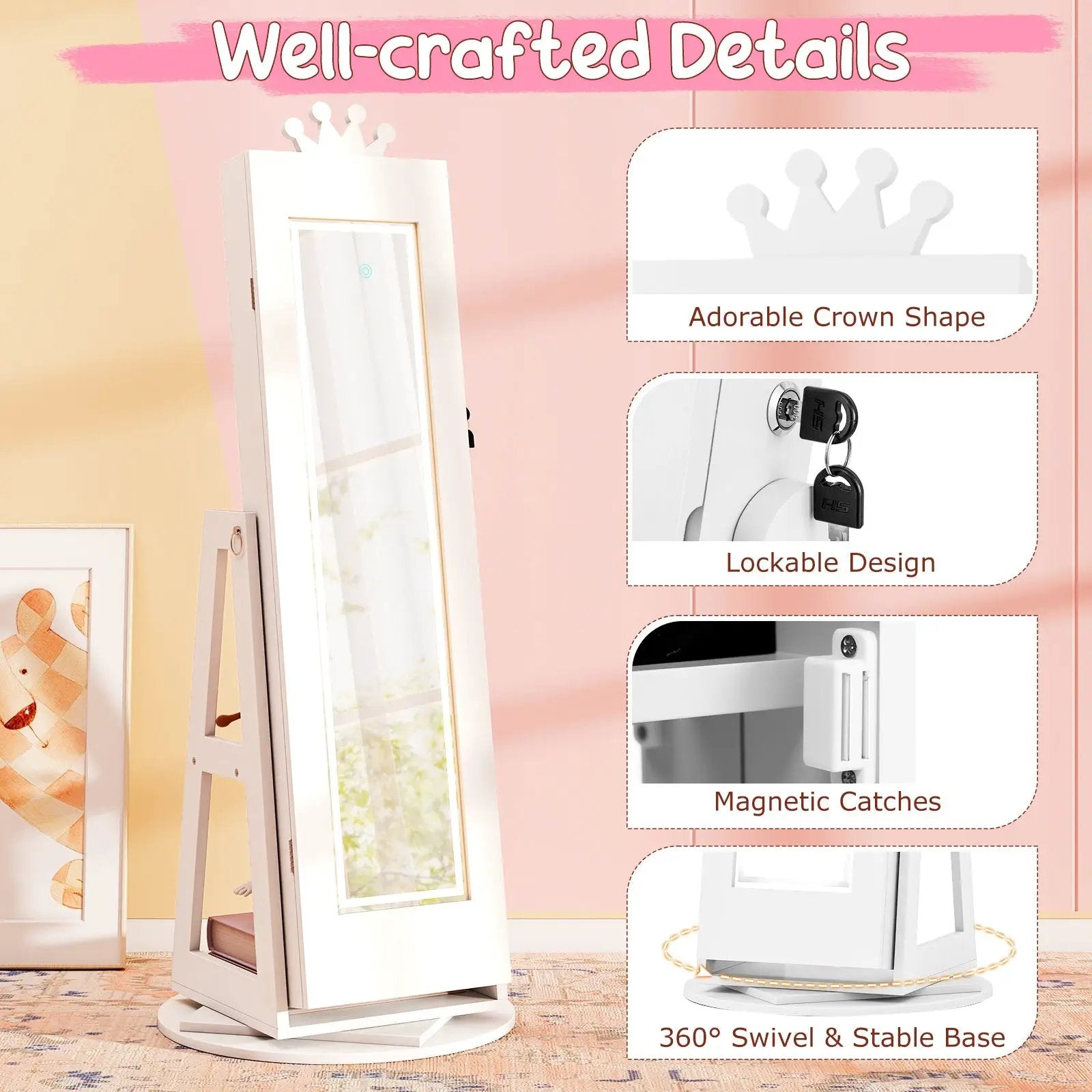 3 In 1 Kids Jewelry Cabinet with 3-Color Lighted Full Length Mirror and Internal Mirror by DirectDeals