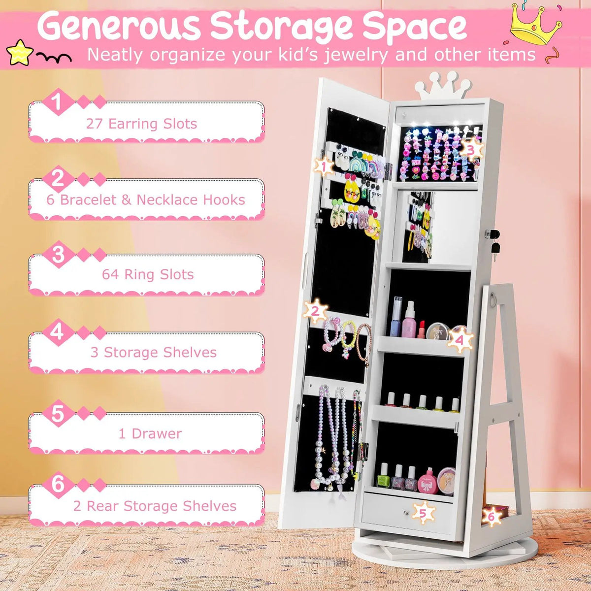 3 In 1 Kids Jewelry Cabinet with 3-Color Lighted Full Length Mirror and Internal Mirror, photo 14 of 16