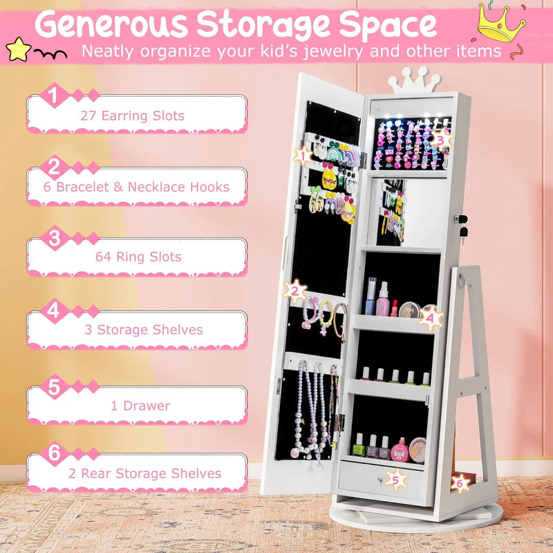 3 In 1 Kids Jewelry Cabinet with 3-Color Lighted Full Length Mirror and Internal Mirror by DirectDeals