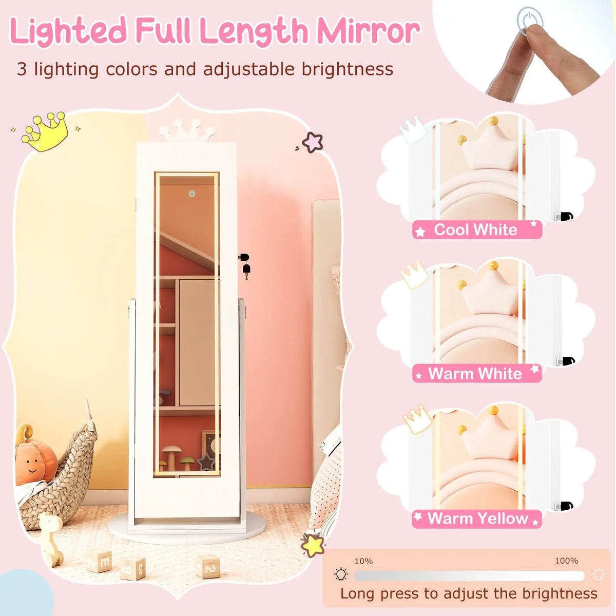 3 In 1 Kids Jewelry Cabinet with 3-Color Lighted Full Length Mirror and Internal Mirror, photo 16 of 16