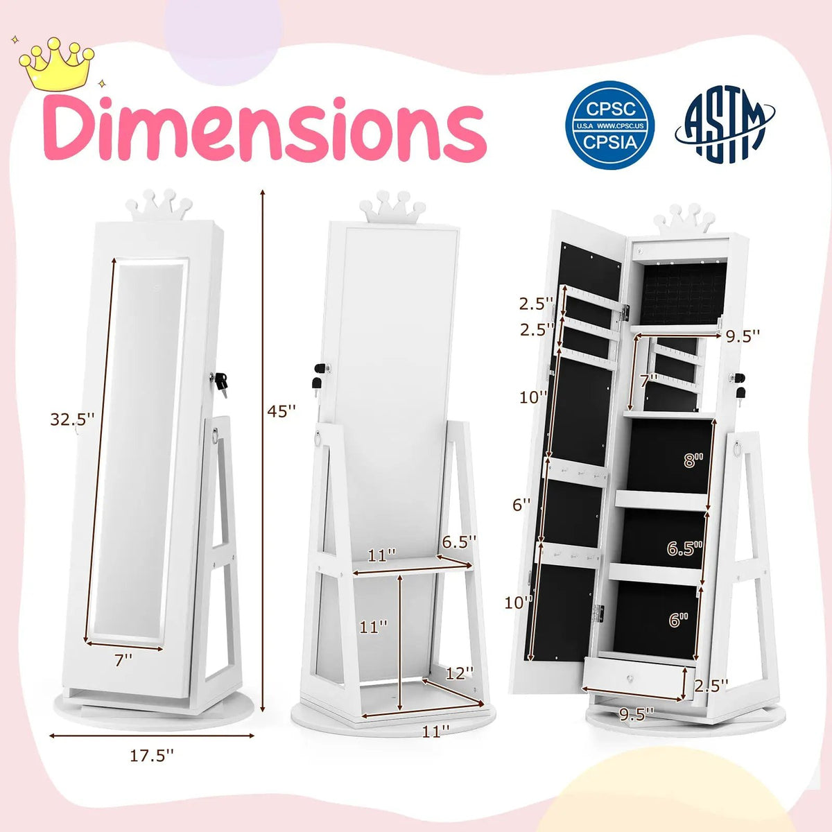 3 In 1 Kids Jewelry Cabinet with 3-Color Lighted Full Length Mirror and Internal Mirror, photo 10 of 16