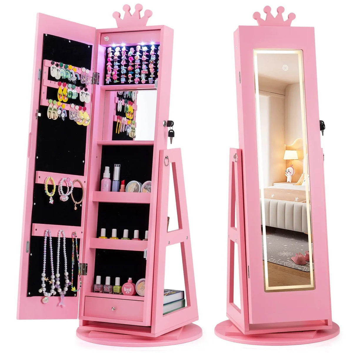3 In 1 Kids Jewelry Cabinet with 3-Color Lighted Full Length Mirror and Internal Mirror, photo 5 of 16