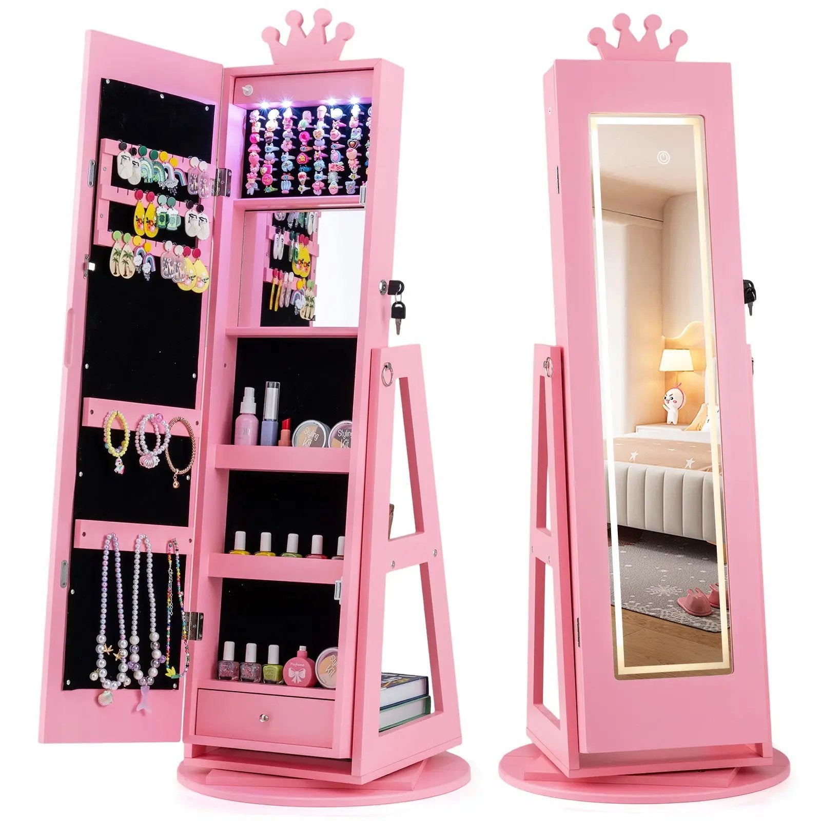 3 In 1 Kids Jewelry Cabinet with 3-Color Lighted Full Length Mirror and Internal Mirror by DirectDeals