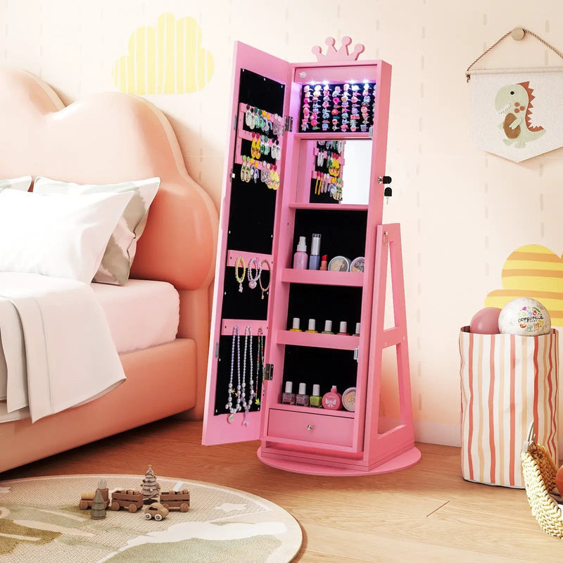 3 In 1 Kids Jewelry Cabinet with 3-Color Lighted Full Length Mirror and Internal Mirror by DirectDeals