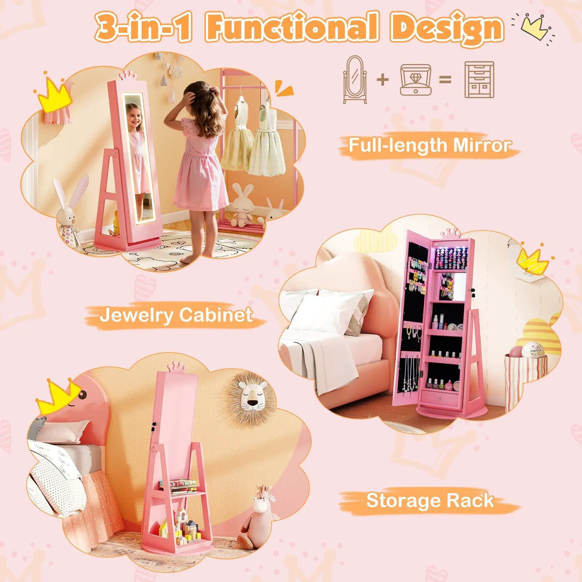 3 In 1 Kids Jewelry Cabinet with 3-Color Lighted Full Length Mirror and Internal Mirror, photo 13 of 16