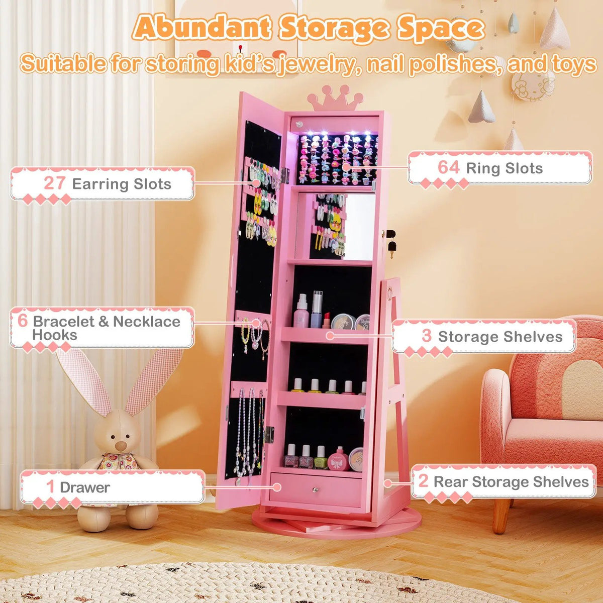 3 In 1 Kids Jewelry Cabinet with 3-Color Lighted Full Length Mirror and Internal Mirror, photo 15 of 16