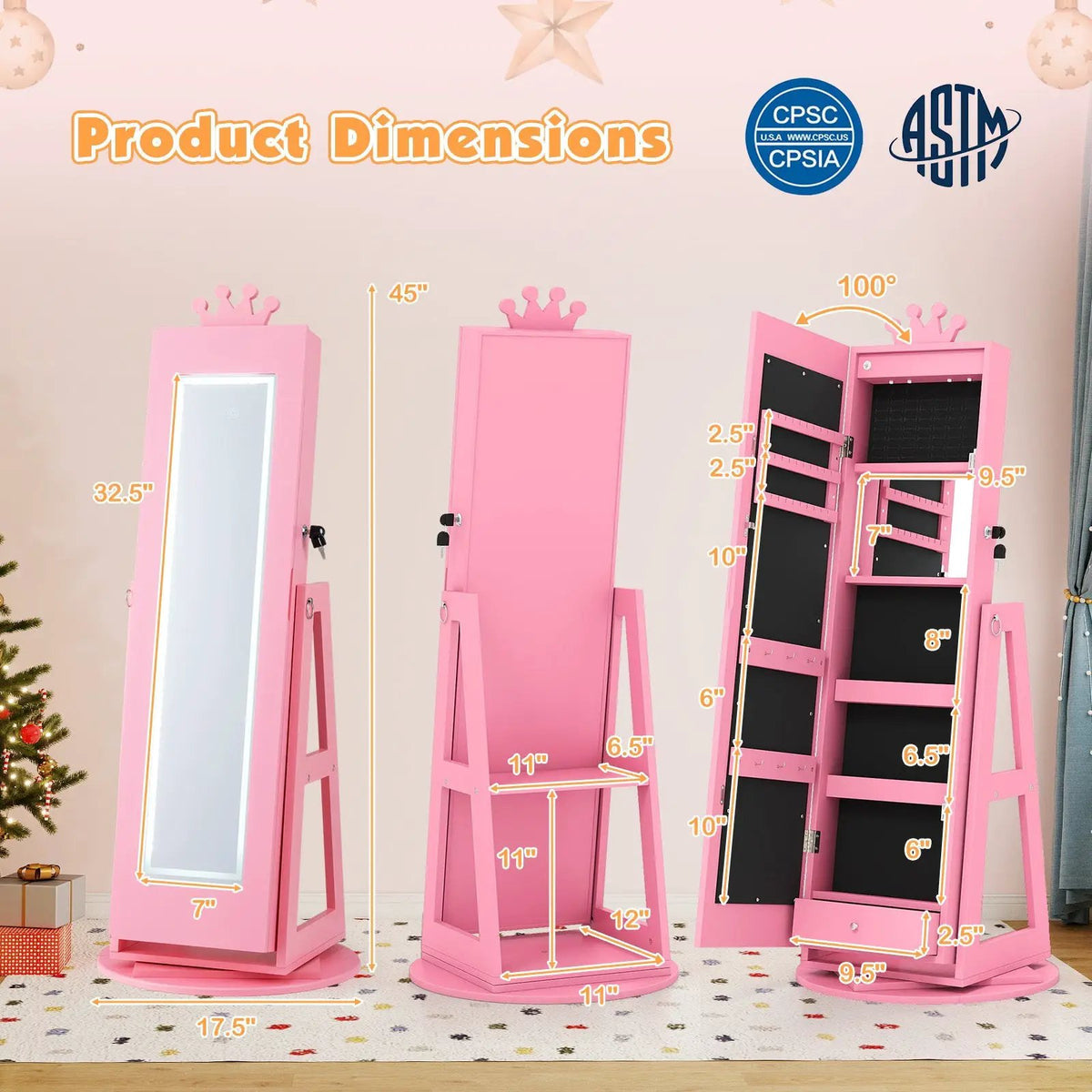 3 In 1 Kids Jewelry Cabinet with 3-Color Lighted Full Length Mirror and Internal Mirror, photo 7 of 16