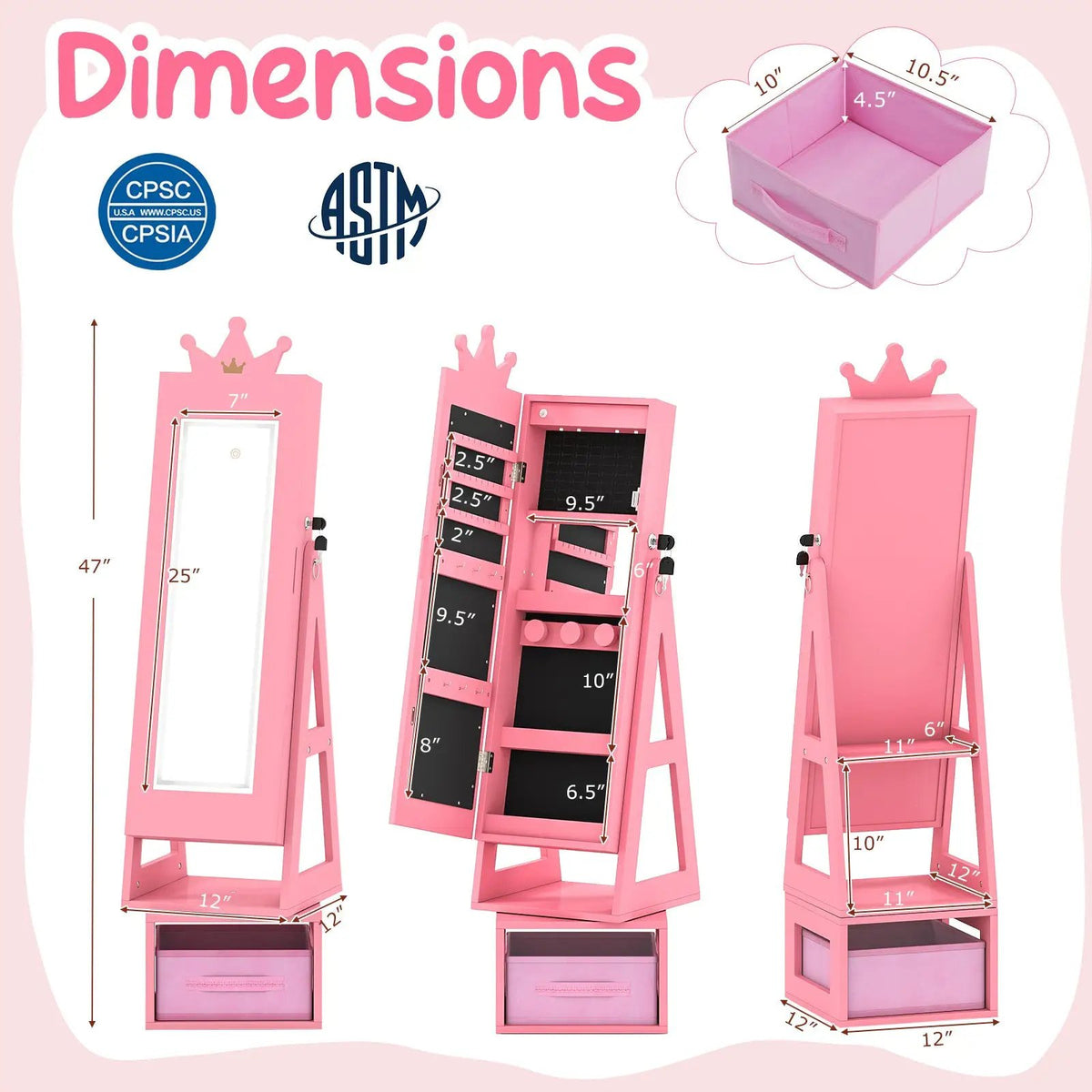 3 In 1 Kids Jewelry Cabinet with 3-Color Lighted Full Length Mirror, photo 9 of 16
