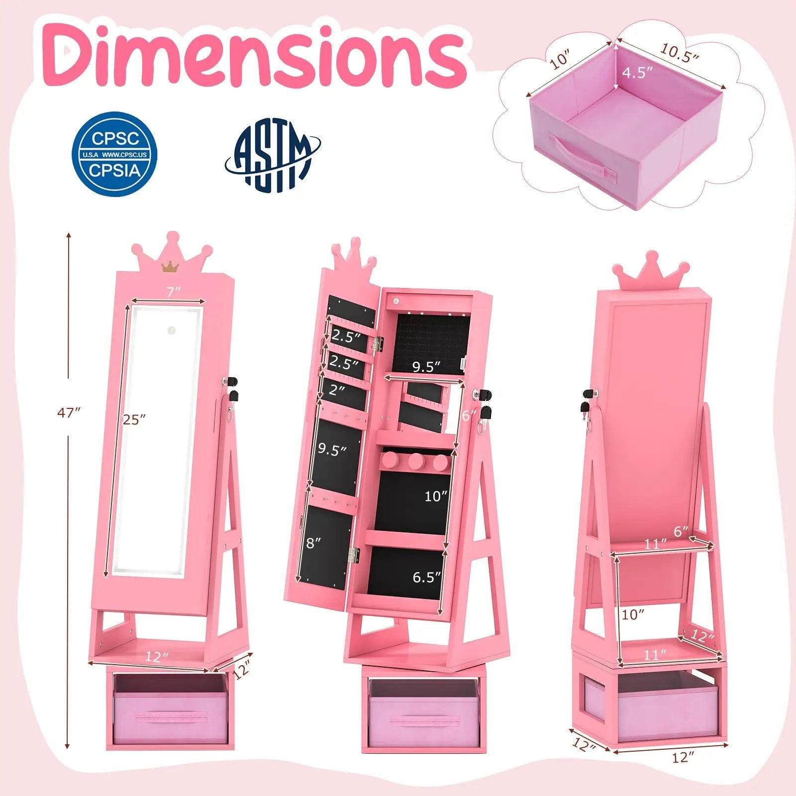 3 In 1 Kids Jewelry Cabinet with 3-Color Lighted Full Length Mirror by DirectDeals