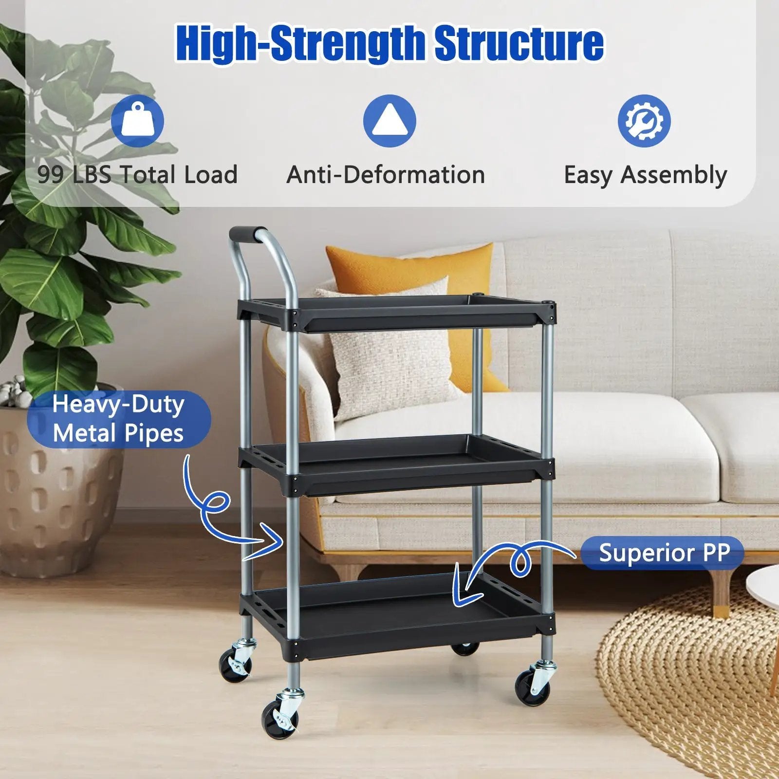 3 Layer Tool Cart with PP Shelves Sponged Handle and Swivel Wheel-Black by DirectDeals