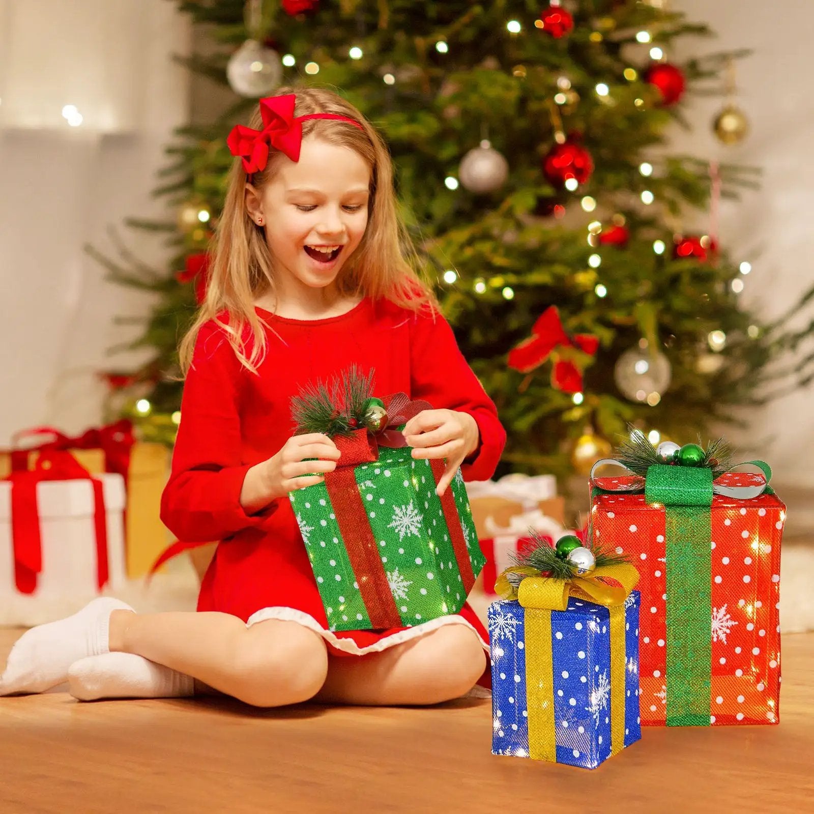 3 PCS Christmas Lighted Gift Boxes Set Decoration with 52 Pre-lit LED Lights by DirectDeals