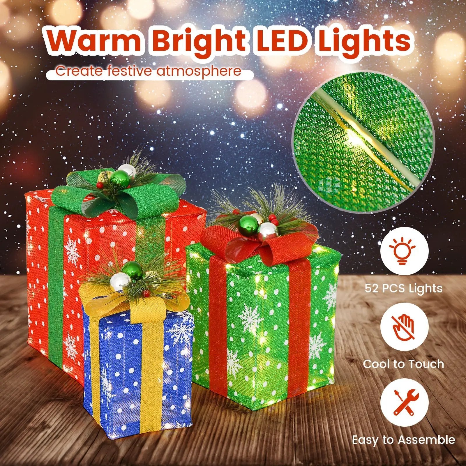 3 PCS Christmas Lighted Gift Boxes Set Decoration with 52 Pre-lit LED Lights by DirectDeals
