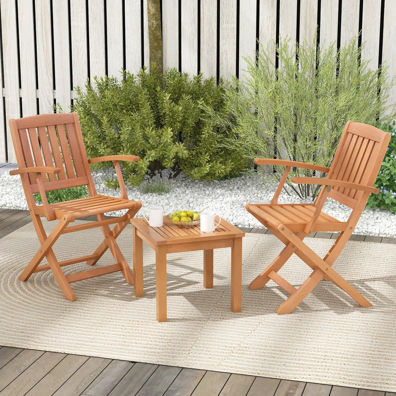 3 PCS Eucalyptus Wood Patio Bistro Set with 2 Folding Arm Chairs by DirectDeals