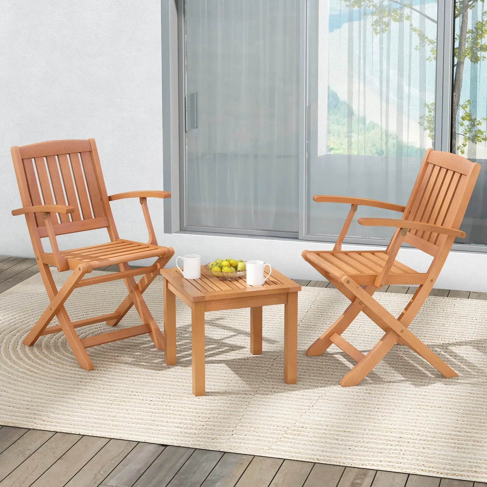 3 PCS Eucalyptus Wood Patio Bistro Set with 2 Folding Arm Chairs by DirectDeals