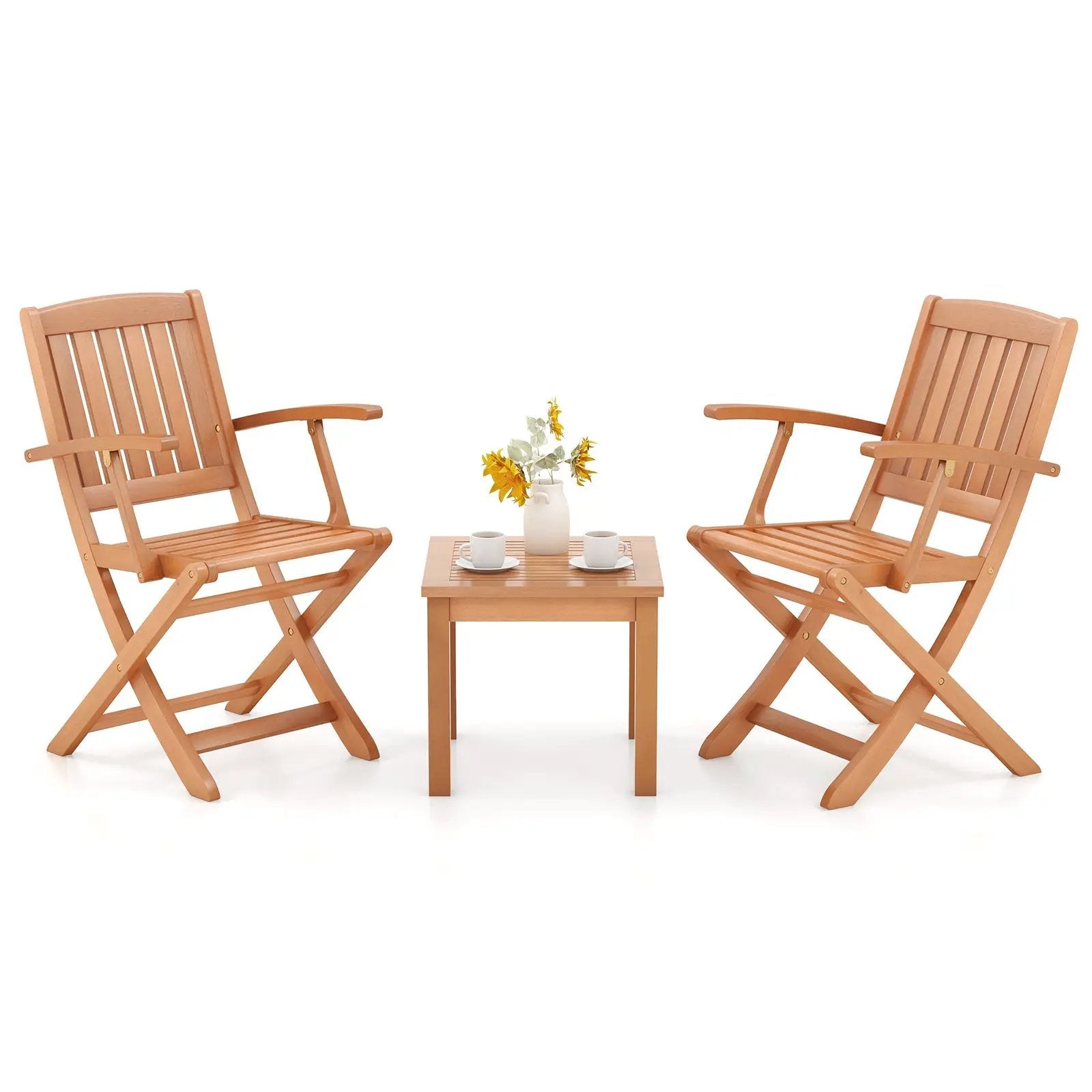 3 PCS Eucalyptus Wood Patio Bistro Set with 2 Folding Arm Chairs by DirectDeals