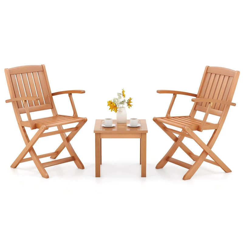 3 PCS Eucalyptus Wood Patio Bistro Set with 2 Folding Arm Chairs by DirectDeals