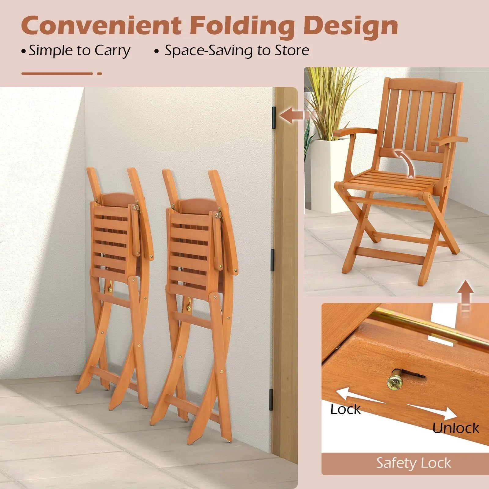 3 PCS Eucalyptus Wood Patio Bistro Set with 2 Folding Arm Chairs by DirectDeals