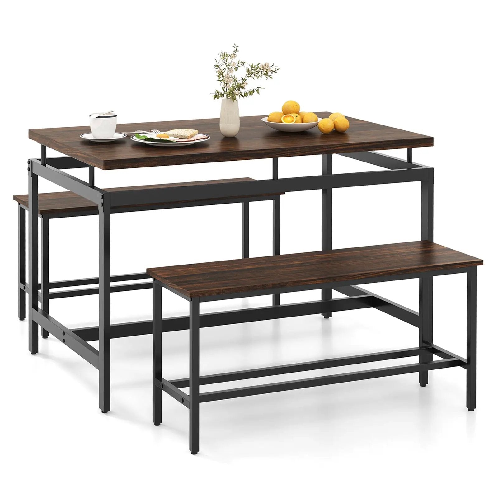 3 Pieces Dining Table Set with Wooden Kitchen Table and 2 Benches-Brown by DirectDeals