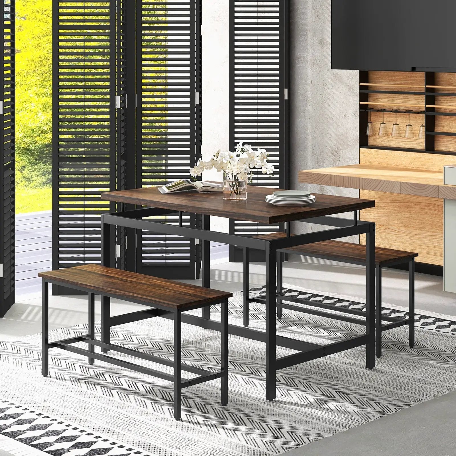 3 Pieces Dining Table Set with Wooden Kitchen Table and 2 Benches-Brown by DirectDeals