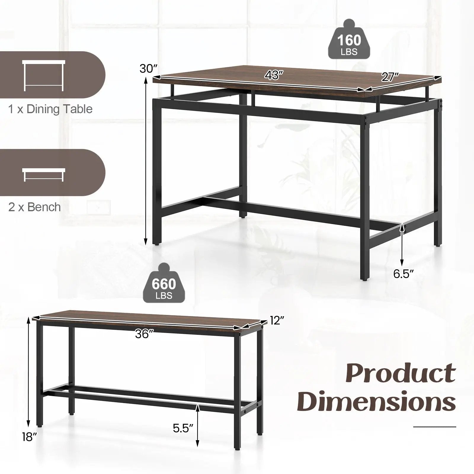 3 Pieces Dining Table Set with Wooden Kitchen Table and 2 Benches-Brown by DirectDeals