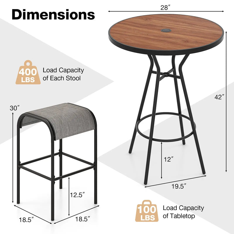 3 Pieces Outdoor Round Bar Table Set with 1.6 Inches Umbrella Hole by DirectDeals