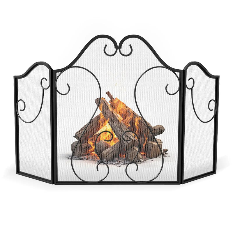 3 Panel Fireplace Screen Foldable Spark Guard Cover with Decorative Scroll by DirectDeals
