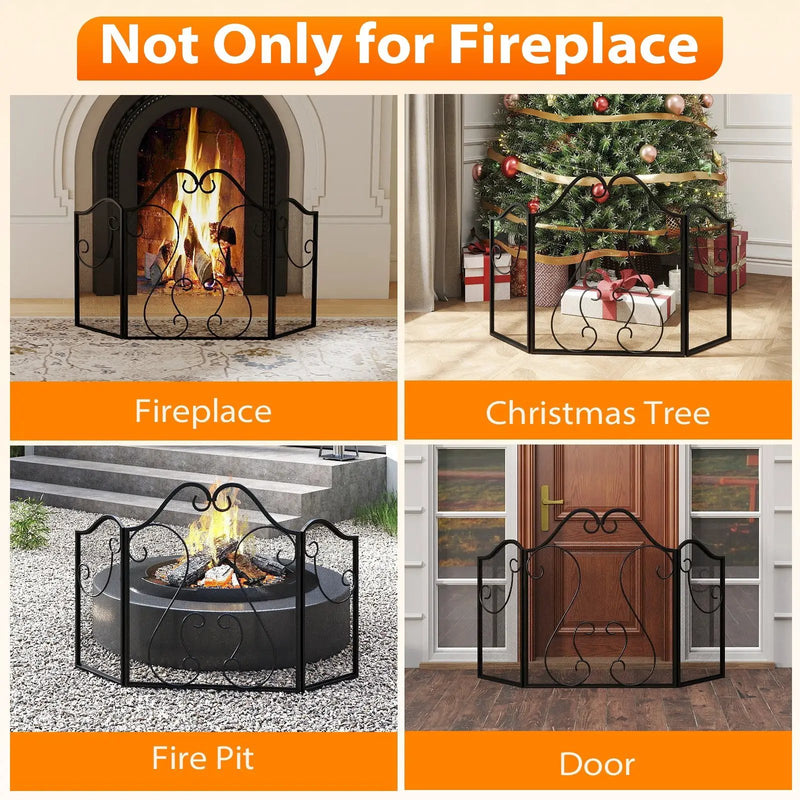 3 Panel Fireplace Screen Foldable Spark Guard Cover with Decorative Scroll by DirectDeals