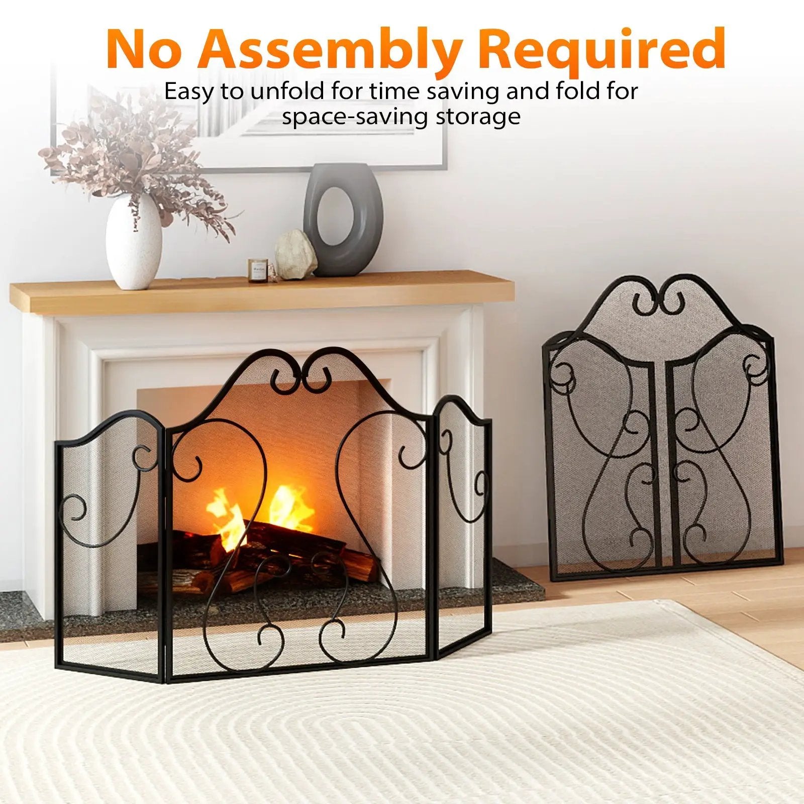 3 Panel Fireplace Screen Foldable Spark Guard Cover with Decorative Scroll by DirectDeals