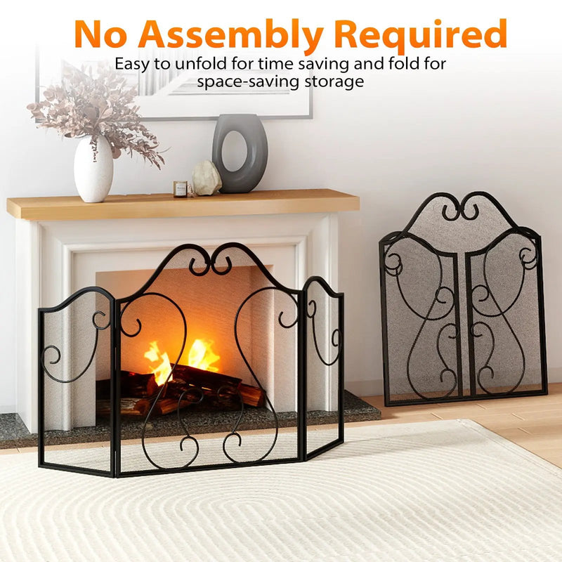 3 Panel Fireplace Screen Foldable Spark Guard Cover with Decorative Scroll by DirectDeals