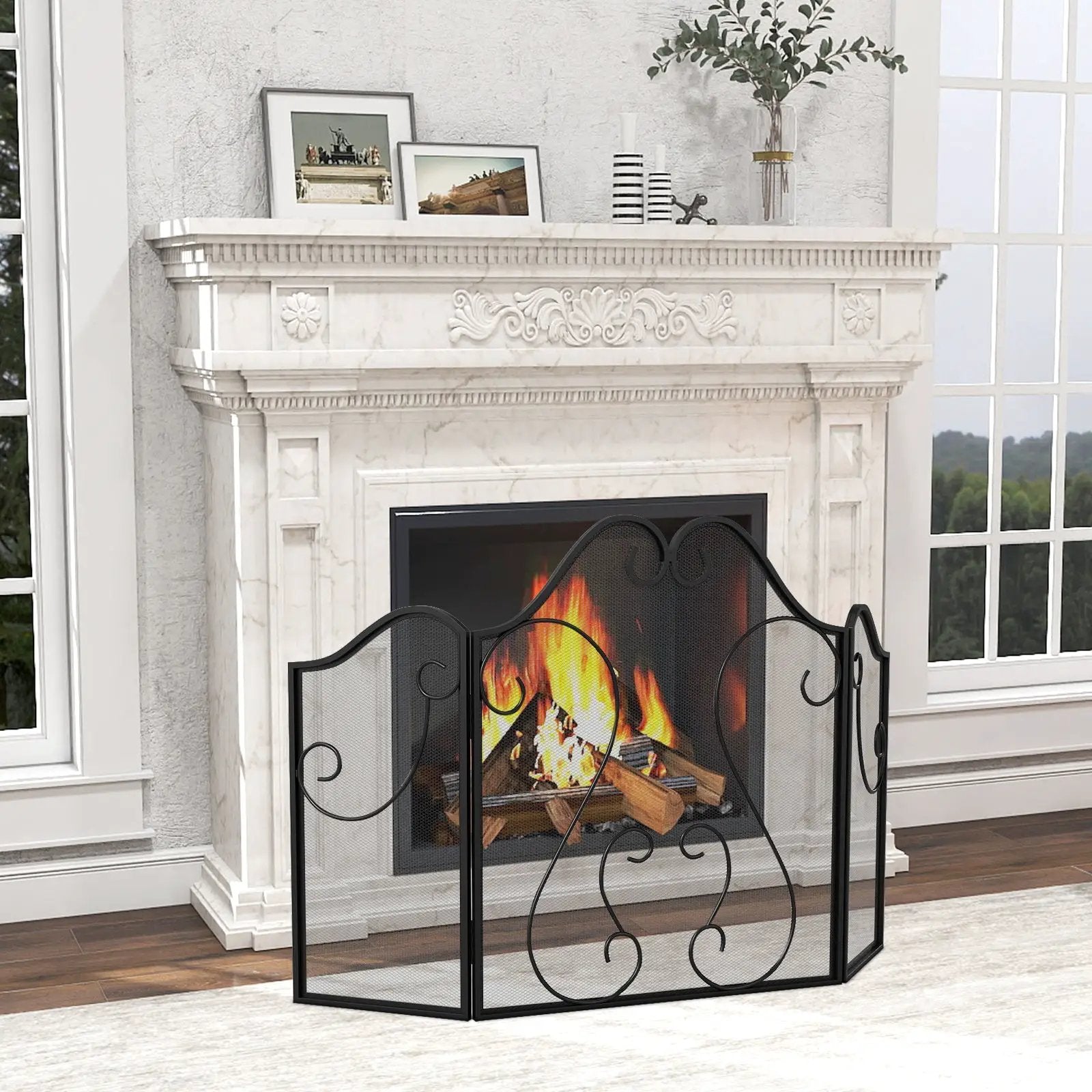 3 Panel Fireplace Screen Foldable Spark Guard Cover with Decorative Scroll by DirectDeals