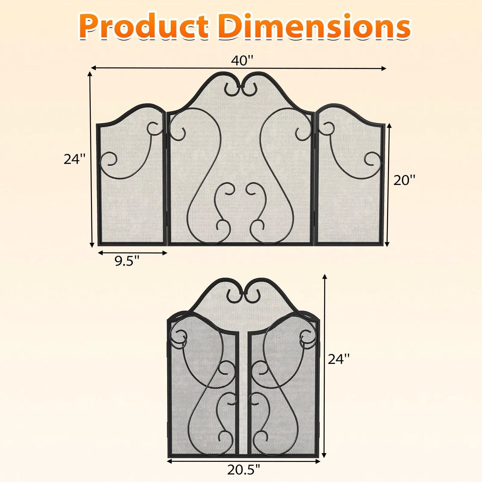 3 Panel Fireplace Screen Foldable Spark Guard Cover with Decorative Scroll by DirectDeals
