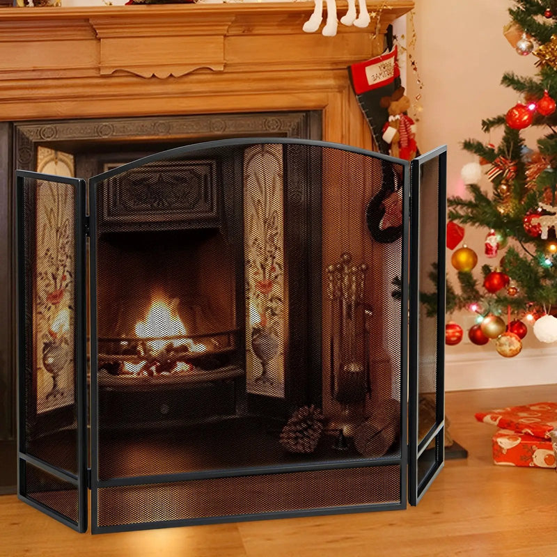 3-Panel Foldable Fireplace Screen with Wrought Metal Mesh-Black by DirectDeals