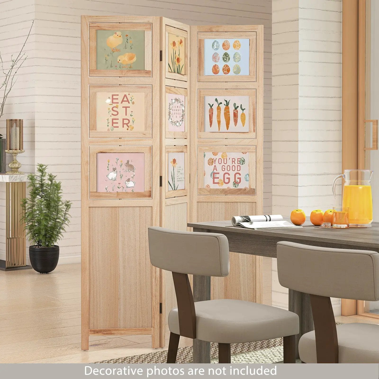 3 Panel Folding Privacy Screen with 9 Swivel Paulownia Wood Photo Frames-Natural by DirectDeals