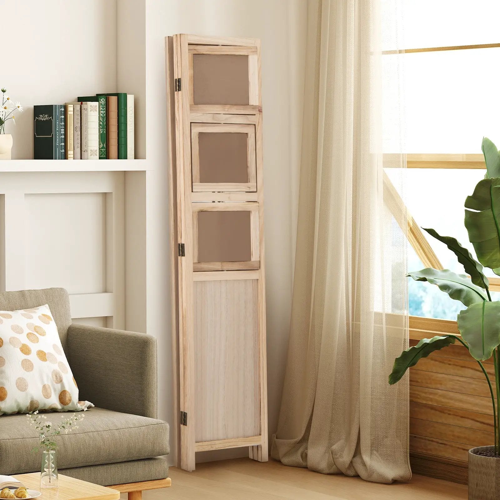 3 Panel Folding Privacy Screen with 9 Swivel Paulownia Wood Photo Frames-Natural by DirectDeals