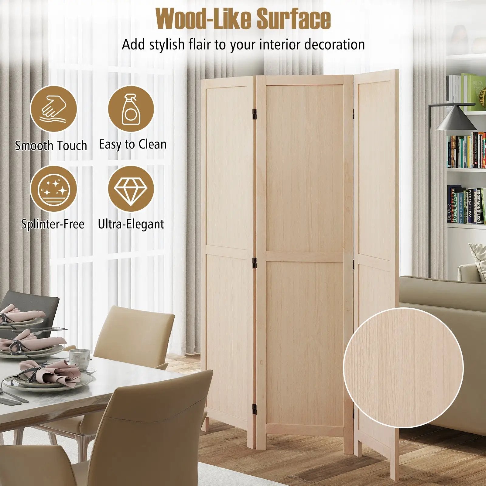 3 Panel Folding Room Divider for Home Office Bedroom Restaurant-Beige by DirectDeals